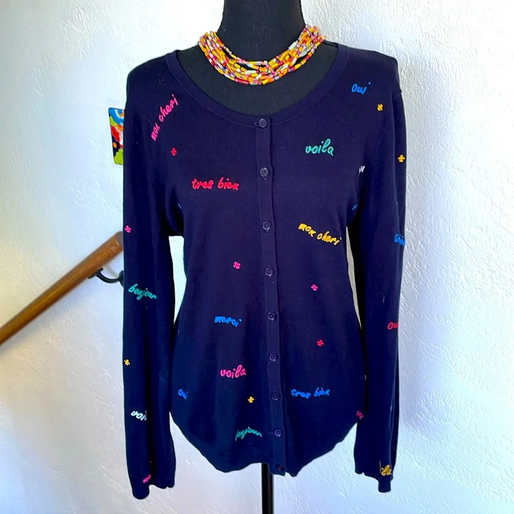 Talbots NWOT Deep Navy Blue French Expressions embroidered‎ cardigan size Large - Picture 3 of 8
